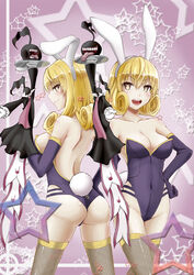  2girls absurdres aeolian_achtelnote animal_ears ass bare_back bare_shoulders blonde_hair breasts cleavage commentary_request cototiworld covered_navel curly_hair elbow_gloves fake_animal_ears fishnet_thighhighs fishnets gloves hand_on_own_hip headband highres ionian_achtelnote large_breasts medium_breasts multiple_girls musical_note open_mouth photoshop_(medium) playboy_bunny rabbit_ears rabbit_tail short_hair siblings sisters smile star_(symbol) starry_background symbol-shaped_pupils tail teeth thighhighs thighs tongue tray yellow_eyes yumekui_merry 