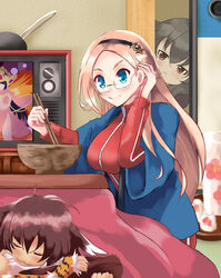  3girls :&lt; :3 alternate_costume bella_(sennen_sensou_aigis) black_hair blue_eyes blush bowl brown_hair casual chopsticks commentary_request contemporary diadem glasses hairband jacket kan_ten katie_(sennen_sensou_aigis) kotatsu long_hair multiple_girls peeking_out photoshop_(medium) pink_hair red_eyes rita_(sennen_sensou_aigis) sennen_sensou_aigis sleeping sliding_doors smile table television track_jacket 