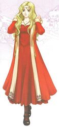  blonde_hair boots circlet collarbone dress female fire_emblem fire_emblem:_the_binding_blade full_body gold_trim guinevere_(fire_emblem) jewelry kaneda_eiji long_hair map official_art pendant red_dress solo standing white_background yellow_eyes 