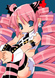  ahoge aqua_eyes arm_strap blue_background blush_stickers body_blush drill_hair earrings esmerelda_(saint_october) female interlocked_fingers jewelry long_hair looking_at_viewer midriff necktie own_hands_together photoshop_(medium) pink_hair pointy_ears saint_october simple_background sitting skull skull_earrings solo striped_clothes striped_thighhighs thighhighs twintails very_long_hair wrist_cuffs zankuro 