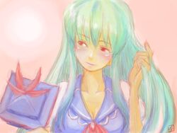  aqua_hair blush breasts cleavage commentary female hand_in_own_hair hat holding holding_clothes holding_hat holding_own_hair kamishirasawa_keine lips long_hair looking_away medium_breasts multicolored_eyes multicolored_hair roku_(warrock) signature sketch smile solo touhou two-tone_hair unworn_hat unworn_headwear upper_body white_hair 