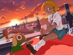  angol_mois bad_link blonde_hair brown_eyes cityscape cloud crying dark-skinned_female dark_skin dororo_(keroro_gunsou) dutch_angle female giroro gyaru hair_ornament hairclip hat hugging_own_legs keroro keroro_gunsou kogal loafers looking_at_viewer loose_socks lunch_(shin_new) lying on_stomach outdoors pleated_skirt power_lines rooftop school_uniform serafuku shoes sitting skirt sky smile socks solo_focus star_(symbol) streaming_tears sunset tamama tears tower utility_pole 