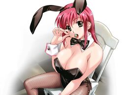  animal_ears boin bow bowtie breasts cleavage eating fake_animal_ears female fishnet_pantyhose fishnets happoubi_jin huge_breasts iihara_nao olive pantyhose playboy_bunny rabbit_ears sitting solo 