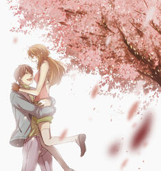  1boy ^_^ arms_around_waist bad_id bad_pixiv_id brown_hair carrying cherry_blossoms christina_sierra closed_eyes couple female gloves gundam gundam_00 hand_on_another&#039;s_shoulder jacket lichtendahl_tsery long_sleeves masso motion_blur outdoors pants petals profile shoes shorts sleeveless straight thighhighs tree white_legwear 