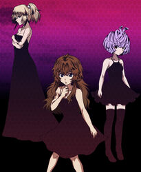  3girls antenna_hair arm_grab bare_shoulders black_legwear blonde_hair blue_eyes bob_cut breast_hold breasts brown_hair chall_acustica cleavage dark dress flat_chest formal frown gradient gundam gundam_00 gundam_00p gundam_meister_874 halterneck kuro_(pizz66) long_hair marlene_vlady multiple_girls ponytail purple_hair red_eyes short_dress short_hair small_breasts standing thighhighs zettai_ryouiki 