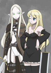  2girls amputee bare_shoulders blonde_hair blue_eyes breasts character_request claymore_(series) cleavage copyright_request covered_navel detached_sleeves green_eyes irene_(claymore) long_hair medium_breasts multiple_girls one_eye_closed photoshop_(medium) planted planted_sword pointy_ears sidelocks source_request sword thighhighs ume_(noraneko) weapon white_hair zettai_ryouiki 