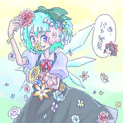  2girls aqua_hair blue_eyes blue_hair blush bow cirno commentary_request dress flower green_bow grey_dress hair_flower hair_ornament hairbow hakurei_reimu ice ice_wings lowres mouth_hold multiple_girls oekaki puffy_short_sleeves puffy_sleeves purple_eyes red_flower red_rose roku_(warrock) rose short_hair short_sleeves signature touhou translated wings 