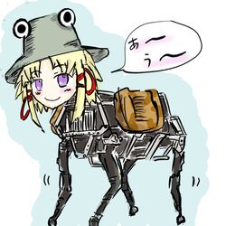  akirameta_(aiaeaeaia) bigdog blonde_hair blue_background blush boston_dynamics closed_mouth commentary_request hat human_head looking_at_viewer mecha moriya_suwako no_humans no_nose non-humanoid_robot purple_eyes real_life reverse-jointed_legs robot smile solo speech_bubble touhou walker_(robot) what 