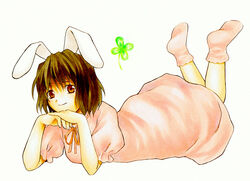  animal_ears black_hair clover female four-leaf_clover inaba_tewi it rabbit_ears red_eyes solo touhou traditional_media 