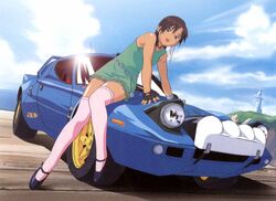  artist_request bare_shoulders brown_eyes brown_hair car cloud cloudy_sky dark-skinned_female dark_skin day dress ex-driver female fingerless_gloves gloves lancia_(brand) lancia_stratos legs lens_flare motor_vehicle on_vehicle sakakino_lisa scan scan_artifacts sitting sky solo sports_car thighhighs vehicle_focus zettai_ryouiki 