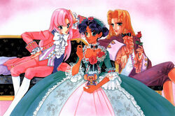  1990s_(style) 3girls arisugawa_juri choker chu_chu_(shoujo_kakumei_utena) dress flower frills gathers gown himemiya_anthy multiple_girls official_art retro_artstyle ribbon rococo_movement rose saitou_chiho scan shoujo_kakumei_utena tenjou_utena 