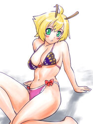  antennae arm_support bad_link barefoot bikini blonde_hair blush breasts female green_eyes large_breasts shimon_(shimotsuma) shimotsuma solo swimsuit ueyama_michirou 