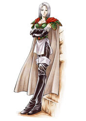  amalda_(fire_emblem) boots cape elbow_gloves female fire_emblem fire_emblem:_thracia_776 gloves grey_hair hirota_mayumi official_art solo thigh_boots thighhighs 