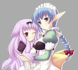  2girls :&lt; blue_eyes blue_hair braid dalk_gaiden long_hair maid multiple_girls photoshop_(medium) pointy_ears purple_hair red_eyes shimakaze_(soundz_of_bell) 