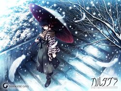  black_hakama blue_hair cartagra feathers female green_eyes hakama hakama_skirt japanese_clothes kouzuki_kazuna meiji_schoolgirl_uniform oil-paper_umbrella sad_girl_in_snow scarf skirt snow solo stairs sugina_miki umbrella yagasuri 