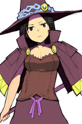  :&lt; black_eyes black_hair breasts capelet cleavage doctor_magus doctor_magus_2 female frown gem hat head_tilt holding looking_at_viewer medium_breasts sash sekaiju_no_meikyuu sekaiju_no_meikyuu_2 short_hair simple_background sketch skirt solo staff witch_hat yu_65026 