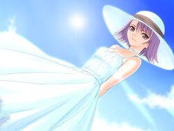  after_(game) after_sweet_kiss choker collarbone day dress dutch_angle female game_cg hat kishi_youko purple_eyes purple_hair solo sundress tony_taka 