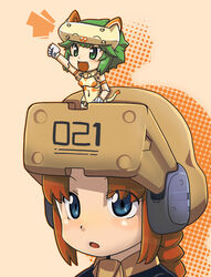  2girls busou_shinki chibi commentary_request fort_bragg helmet maochao mini_person minigirl multiple_girls photoshop_(medium) sterndorf 