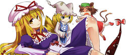  &gt;_&lt; 3girls animal_ears blonde_hair blue_eyes brown_hair cat_ears cat_tail chen closed_eyes commentary_request earrings fox_tail gap_(touhou) hair_ribbon hat jewelry long_hair multiple_girls multiple_tails ribbon sasago_kaze short_hair tail tears touhou yakumo_ran yakumo_yukari yellow_eyes 