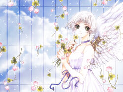  angel choker clamp_(circle) clover clover_(flower) clover_(manga) dress female flower from_side green_eyes official_art official_wallpaper pale_color ribbon short_hair smile solo steampunk suu_(clover) white_hair wings 