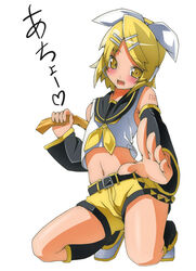  alternate_eye_color arm_warmers belt blonde_hair blouse blush bow carrying carrying_under_arm crop_top female from_below full_body hair_ornament hairbow hairclip headphones heart holding kagamine_rin kagamine_rin_(if) kneeling leg_warmers looking_at_viewer microphone midriff navel oerba_yun_fang reaching ribbon sailor_collar shirt short_hair shorts simple_background sleeveless solo stomach swept_bangs tattoo toudori vocaloid white_background white_bow white_shirt yellow_ribbon yellow_shorts 