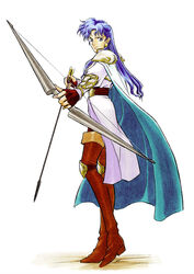  aqua_cape armor arrow_(projectile) blue_hair boots bow_(weapon) brown_footwear cape earrings female fire_emblem fire_emblem:_thracia_776 hirota_mayumi holding holding_bow_(weapon) holding_weapon jewelry long_hair looking_at_viewer official_art pauldrons selphina_(fire_emblem) shoulder_armor solo thigh_boots thighhighs weapon 