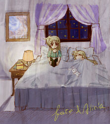  2girls alicia_testarossa bed bed_sheet blanket blonde_hair book brown_eyes closed_eyes curtains curvy desk_lamp fate_testarossa hachi_(hachikai) holding holding_book indoors lamp light looking_at_viewer lyrical_nanoha mahou_shoujo_lyrical_nanoha multiple_girls on_bed open_book pillow reading siblings sisters sleeping window 