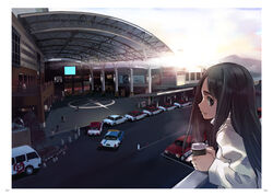  black_eyes black_hair car coffee commentary female matsumoto_noriyuki motor_vehicle nagasaki original parking_lot photoshop_(medium) real_world_location solo_focus taxi train_station van 