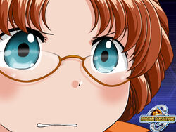  brown_hair close-up female glasses green_eyes gununu_(meme) meme solo super_robot_wars super_robot_wars_original_generation tsugumi_takakura 