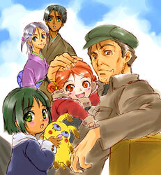  2boys 3girls beret character_request creature dark_skin facial_hair green_eyes green_hair hat headpat imageboard_desourced light_purple_hair looking_at_viewer lowres morinas_(simoun) moustache multiple_boys multiple_girls nishida_asako non-web_source orange_hair red_eyes short_hair simoun smile upper_body waporif_(simoun) wauf 