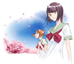  2girls cherry_blossoms garex hands_on_own_chest looking_at_viewer multiple_girls original petals photoshop_(medium) profile school_uniform serafuku sky smile wind 