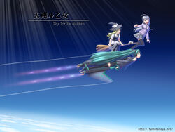  3girls blonde_hair broom broom_riding crossover flying fumotono_mikoto hatsune_miku highres kirisame_marisa multiple_girls photoshop_(medium) sidesaddle suguri suguri_(orange_juice) thighhighs touhou twintails vocaloid zettai_ryouiki 