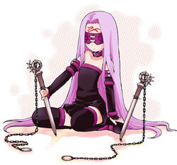  b.tarou blindfold chains dress fate/stay_night fate_(series) female long_hair lowres medusa_(fate) medusa_(rider)_(fate) nameless_dagger_(fate) purple_hair solo strapless strapless_dress thighhighs very_long_hair weapon 