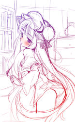  adapted_costume ass blush capelet crescent dress female from_behind gradient hat long_hair looking_back monochrome patchouli_knowledge photoshop_(medium) r-type_nirvana short_dress sketch solo souryuu_(double_dragon) touhou very_long_hair 