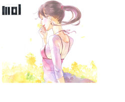  artist_name back black_hair closed_eyes dress female floating_hair hair_tie hand_to_own_mouth lace_trim long_hair long_sleeves original photoshop_(medium) pink_dress pink_ribbon ponytail red_lips ribbon solo spaghetti_strap upper_body yuu_(mol) 