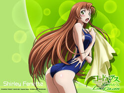  ashford_academy_swimsuit ass blush breasts brown_hair code_geass code_geass:_lost_colors female green_eyes kimura_takahiro long_hair medium_breasts official_art one-piece_swimsuit open_mouth school_swimsuit shirley_fenette sideboob solo swimsuit towel 