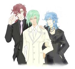  3boys adjusting_eyewear ali_al-saachez artist_request brothers formal glasses gundam gundam_00 johann_trinity male_focus michael_trinity multiple_boys necktie siblings 