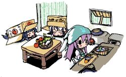  3girls animal_ears apple apron baku_taso bamboo bamboo_forest box cardboard_box carrot chibi commentary_request cooking cutting_board daikon food forest fruit holding holding_knife houraisan_kaguya inaba_tewi kamado kitchen_knife knife mandarin_orange multiple_girls nature rabbit_ears radish reisen_udongein_inaba touhou 