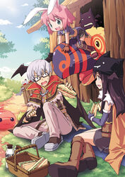  1boy 2girls alchemist_(ragnarok_online) animal_ears archer_(ragnarok_online) armor boots breastplate cloud commentary_request day deviruchi food hat high_wizard_(ragnarok_online) lolicon long_hair multiple_girls peco_peco pink_hair poring rabbit_ears ragnarok_online sakura_misaki_(sakura_densetsu) short_hair wings 