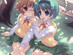  2girls blue_eyes breasts brown_eyes brown_hair dappled_sunlight dress_shirt green_hair hairband kneehighs medium_breasts moriguchi_yuu multiple_girls open_mouth pleated_skirt ribbon school_uniform shirt short_hair sitting skirt socks sunlight to_heart_(series) to_heart_2 vest wince yamada_michiru yoshioka_chie 