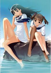  2girls barefoot dress feet highres knees legs long_legs mizushima_asa multiple_girls rock sailor_dress scan scan_artifacts school_uniform sitting sitting_on_rock soaking_feet sora_no_iro_mizu_no_iro sorayama_natsume source_request thighhighs thighhighs_pull thighs tony_taka water 