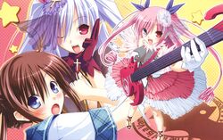  3girls :o absurdres blue_eyes blush breasts brown_hair chu_x_chu_idol chua_churam chuchu_astram cleavage cross dress fangs frills gloves guitar hair_ornament heterochromia highres instrument large_breasts latin_cross long_hair multiple_girls nakauchi_chiyu non-web_source official_art one_eye_closed open_mouth ozawa_akifumi pink_eyes pink_hair plaid pointing pointy_ears school_uniform see-through smile star_(symbol) twintails very_long_hair white_hair 