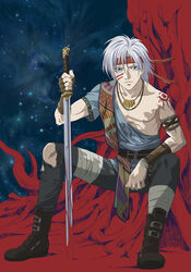  1boy blood blue_eyes boots headband imageboard_desourced jewelry juu-ou-sei male_focus necklace night non-web_source solo sword tattoo thor_klein weapon white_hair 