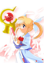  bad_link blue_eyes blush bow bowtie dress feathers female from_side long_hair long_sleeves lyrical_nanoha magical_girl mahou_shoujo_lyrical_nanoha orb raising_heart raising_heart_(device_mode) red_bow red_bowtie solo staff takamachi_nanoha takamachi_nanoha_(original_mode) twintails upper_body white_dress yuumin 