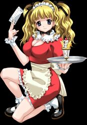  black_background blonde_hair blue_eyes boin bow bowtie breasts cleavage female food happoubi_jin ice_cream large_breasts long_hair mary_janes on_one_knee receipt shoes smile solo sundae tray tsukushino_mitsugu twintails waitress wavy_hair 