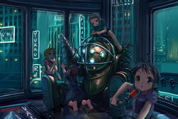  4girls ahoge animification art_deco barefoot big_daddy_(bioshock) bioshock_(series) bioshock_1 black_hair blonde_hair blue_bow blue_dress bow brown_eyes brown_hair commentary_request diving_suit dress drill drill_hand hair_tie hakurei_reimu helmet holding indoors kneeling little_sister_(bioshock) lolicon looking_at_viewer multiple_girls open_mouth outstretched_arm painttool_sai_(medium) patricia_(stylish_marunage) pink_dress ponytail puffy_short_sleeves puffy_sleeves purple_dress short_hair short_sleeves smile soles standing touhou underwater water window yukkuri_shiteitte_ne 