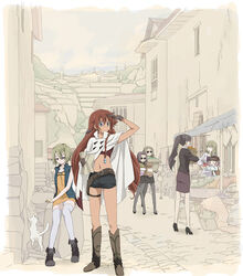  6+girls age_difference apple asymmetrical_hair b_lady_1_gou b_lady_3_gou bag belt black_legwear blonde_hair blue_eyes boots braid brown_hair building cape character_request city cloud cowboy_boots crop_top drill_hair earrings el_cazador_de_la_bruja ellis_(el_cazador_de_la_bruja) feline flat_chest flat_color food formal fruit gloves gunbelt hair_bobbles hair_ornament half-closed_eyes high_heels holding holster jewelry jody_hayward knee_boots kneepits lirio lolicon long_hair looking_afar market melissa_rosenberg midriff miniskirt multiple_girls nadie navel outdoors panties pantyhose pantyshot paper_bag pencil_skirt ponytail red_hair rock saipaco shading_eyes shoes short_hair short_shorts shorts sitting skirt skirt_suit sky smile suit sunglasses tan thigh_gap thigh_strap thighhighs twintails underwear very_long_hair vest white_cat white_legwear white_panties zettai_ryouiki 