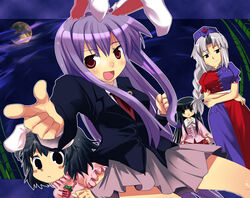  4girls animal_ears bamboo bamboo_forest commentary_request crossed_arms dutch_angle forest formal grey_hair grey_skirt hat houraisan_kaguya inaba_tewi long_hair long_sleeves looking_at_viewer miniskirt multiple_girls nature necktie nurse_cap peeping pleated_skirt rabbit_ears red_eyes red_necktie reisen_udongein_inaba sasago_kaze skirt standing suit touhou yagokoro_eirin 