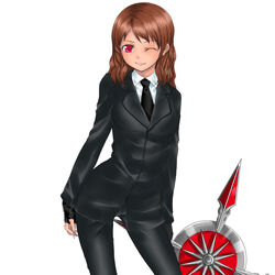  brown_hair cissnei crisis_core_final_fantasy_vii female final_fantasy final_fantasy_vii formal gloves pant_suit pants photoshop_(medium) red_eyes rokuichi shuriken solo suit turks_(ff7) weapon 