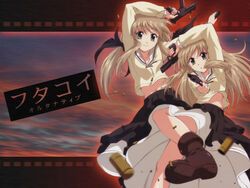  2girls artist_request blonde_hair blurry boots copyright_name depth_of_field dual_wielding falling film_strip futakoi futakoi_alternative green_eyes gun hair_ribbon handgun holding katana machine_gun midriff multiple_girls navel photoshop_(medium) ribbon school_uniform shell_casing shirogane_sara shirogane_souju siblings skirt sword twins weapon 